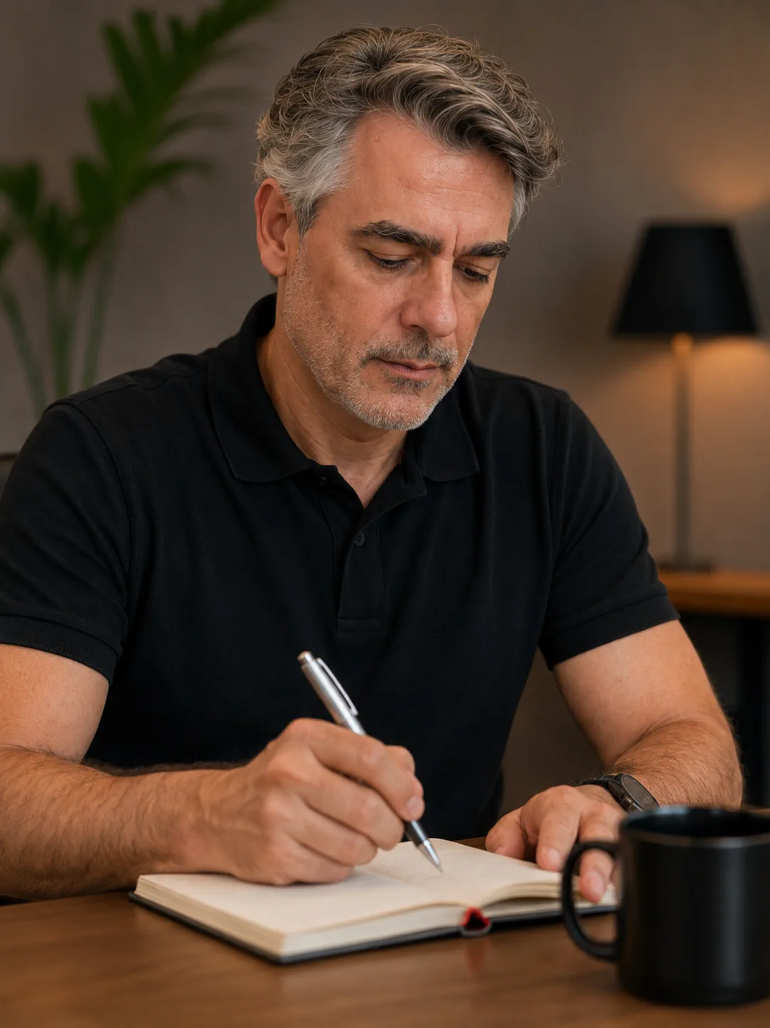 Empresário de óculos analisando documentos impressos sob a luz de uma luminária, escritório à noite
