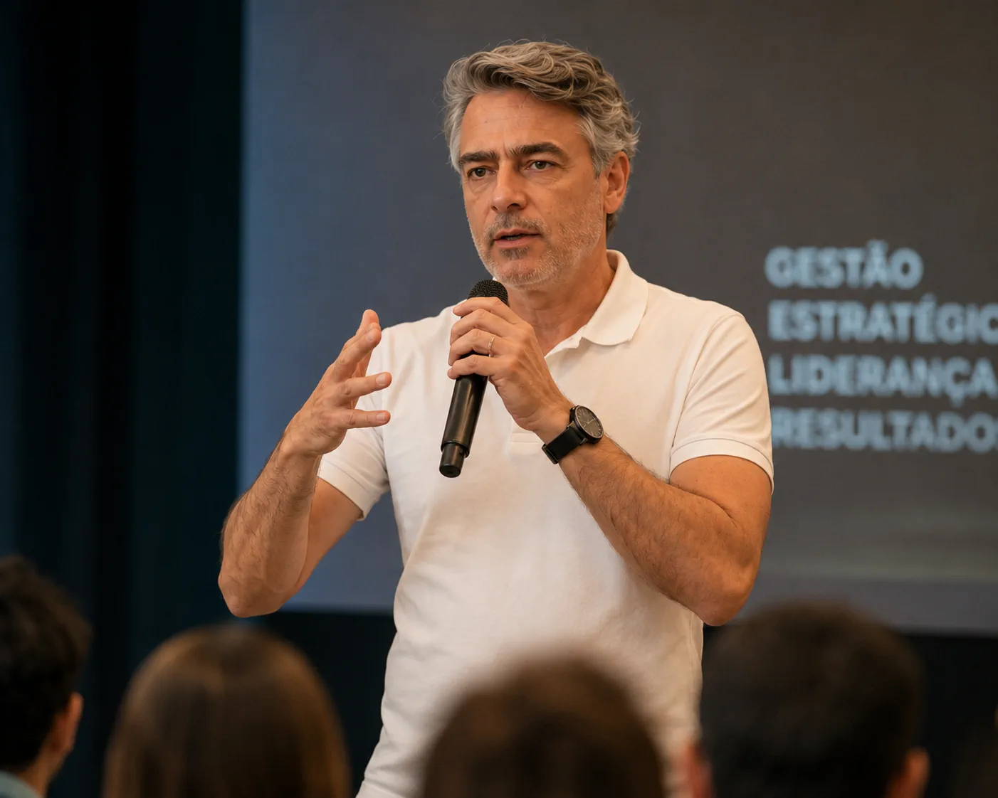 Ricardo Dutra em palestra, de polo branca, falando para plateia